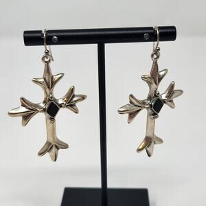 Cross Silver Tone Black Enamel Large Dangle Drop Hook Earrings Religious Jewelry